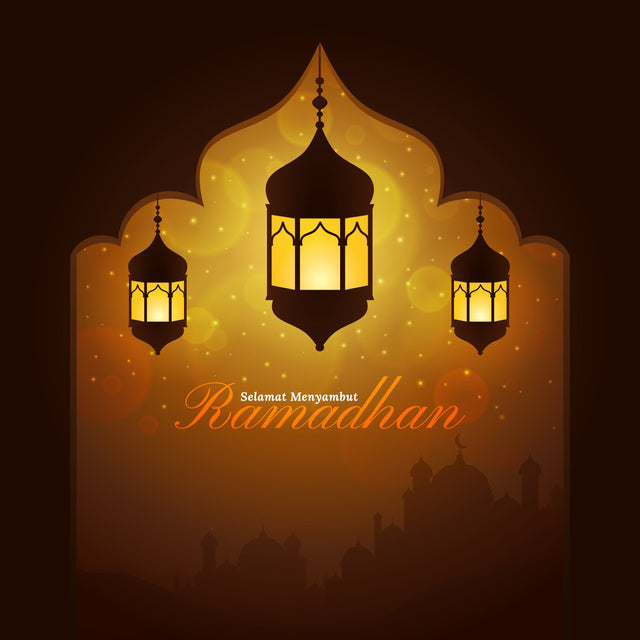 Ramadan Mubarak" written in Arabic calligraphy, along with a golden Arabian traditional lantern, crescent, and stars hanging decoratively SVG naemmiah021 