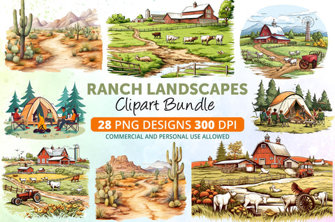 Ranch Landscapes Watercolor Clipart Bundle Sublimation Regulrcrative 