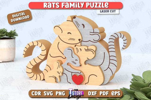 Rats Family Puzzle Laser Cut | Rats Puzzle Template | Eco-Friendly Gift | Home Décor | CNC File SVG The T Store Design 
