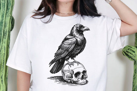 Raven On Skull Vector Illustration, Raven Svg, Skull Png, Raven Art, Skull Clipart, Cut Files, Raven Silhouette, Gothic Raven, Dark Skull SVG DesignDestine 