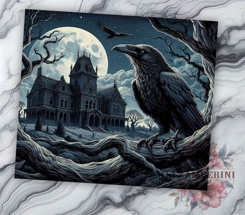 Raven Spooky 20oz Tumbler Wrap PNG, Halloween Haunted House Tumbler Png, Straight & Tapered Tumbler Wrap, Instant Digital Download Sublimation Li Zamperini 