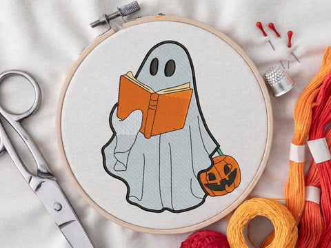 Reading Ghost Halloween Embroidery Design, Ghost Pumpkin Bucket Machine Embroidery File, Bats Halloween Embroidery Embroidery/Applique DESIGNS DesignDestine 