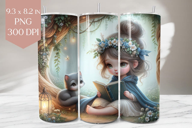 Reading Girl and Cat Tumbler PNG Sublimation BijouBay 