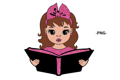 Reading Girl Clipart with Pink Glitter Bow and Book in SVG PNG JPG PDF DXF AI EPS Formats for Back to School Sublimation Cricut Crafts and Learning Projects SVG 1uniqueminute 