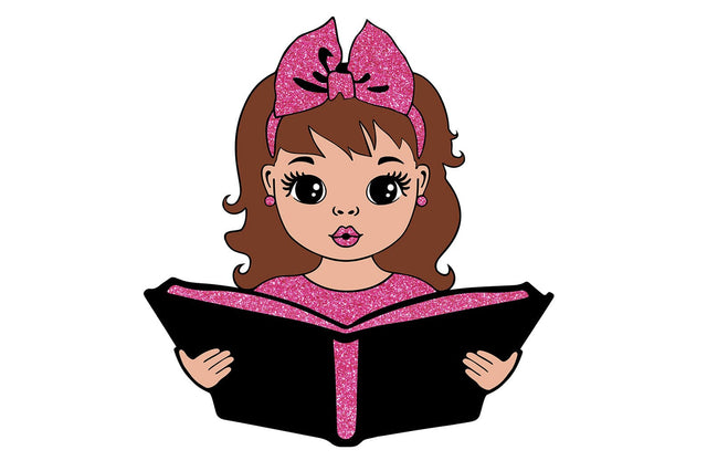 Reading Girl Clipart with Pink Glitter Bow and Book in SVG PNG JPG PDF DXF AI EPS Formats for Back to School Sublimation Cricut Crafts and Learning Projects SVG 1uniqueminute 