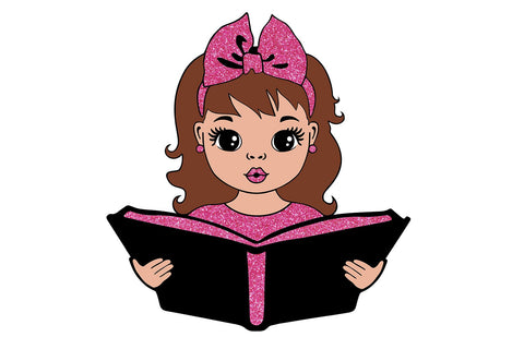 Reading Girl Clipart with Pink Glitter Bow and Book in SVG PNG JPG PDF DXF AI EPS Formats for Back to School Sublimation Cricut Crafts and Learning Projects SVG 1uniqueminute 