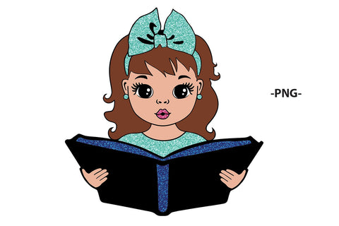 Reading Girl Clipart with Pink Glitter Bow and Book in SVG PNG JPG PDF DXF AI EPS Formats for Back to School Sublimation Cricut Crafts and Learning Projects SVG 1uniqueminute 
