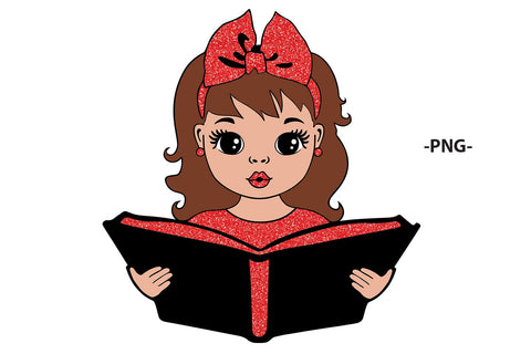 Reading Girl Clipart with Pink Glitter Bow and Book in SVG PNG JPG PDF DXF AI EPS Formats for Back to School Sublimation Cricut Crafts and Learning Projects SVG 1uniqueminute 