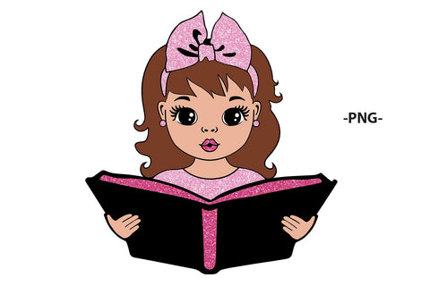 Reading Girl Clipart with Pink Glitter Bow and Book in SVG PNG JPG PDF DXF AI EPS Formats for Back to School Sublimation Cricut Crafts and Learning Projects SVG 1uniqueminute 