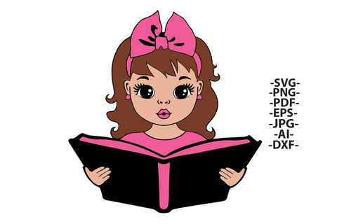 Reading Girl Clipart with Pink Glitter Bow and Book in SVG PNG JPG PDF DXF AI EPS Formats for Back to School Sublimation Cricut Crafts and Learning Projects SVG 1uniqueminute 