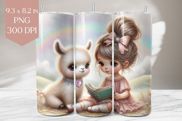 Reading Girl & Llama Rainbow Tumbler Wrap PNG Sublimation BijouBay 