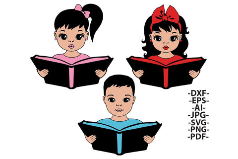 Reading Kids Clipart Bundle SVG PNG JPG PDF AI DXF EPS | Cute Girl and Boy Book Illustrations for School Projects Classroom Decor Cricut Crafts SVG 1uniqueminute 