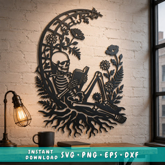 Reading Skeleton Laser SVG | Gothic Skeleton DXF | Book Lover Metal Art | Floral Skull CNC File | Macabre Wall Decor Svg SVG HappyDesignStudio 