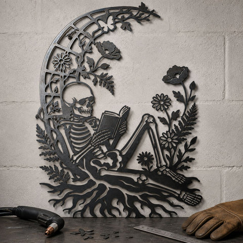Reading Skeleton Laser SVG | Gothic Skeleton DXF | Book Lover Metal Art | Floral Skull CNC File | Macabre Wall Decor Svg SVG HappyDesignStudio 