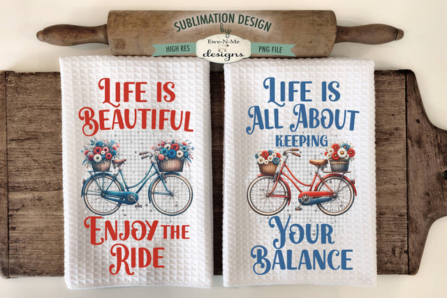 Red and Blue Bicycles Sublimation Designs for Kitchen Towels Sublimation Ewe-N-Me Designs 