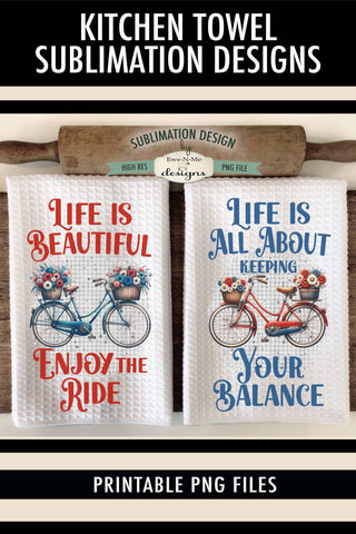 Red and Blue Bicycles Sublimation Designs for Kitchen Towels Sublimation Ewe-N-Me Designs 