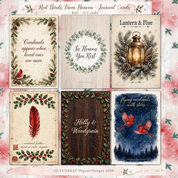 Red Birds From Heaven Journal Cards - Set 2 Digital Pattern QueenBrat Digital Designs 