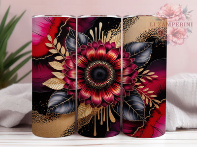 Red Black Gold Sunflower 20oz Tumbler, Red Accent, Black Highlight, Sunflower Motif, Gold Detail, Sublimation Wrap, 20oz Tumbler, Bold Charm Sublimation Li Zamperini 