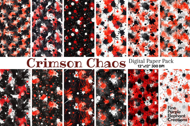 Red Black Watercolor Abstract Splatter Digital Paper | Blood Halloween Horror Pattern Digital Pattern Fine Purple Elephant Creations 