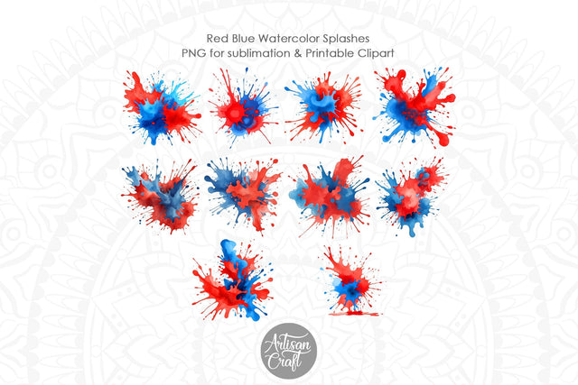 Red Blue Watercolor Splashes PNG, patriotic clipart Sublimation Artisan Craft SVG 