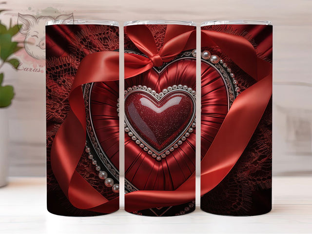 Red Bow Heart Tumbler, Valentine Bow Wrap, Romantic Heart Cup, 20oz Sublimation Wrap, Stylish Valentine Design Tumbler, Artistic Bow Heart Cup, Festive Love Theme Wrap Sublimation Lara' s Designs 