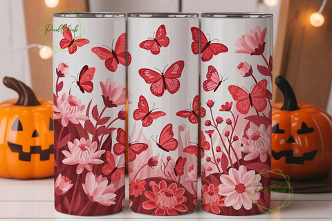 Red Butterfly Floral Tumbler Wrap Sublimation PixelChick 