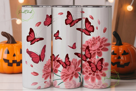 Red Butterfly Floral Tumbler Wrap Sublimation PixelChick 