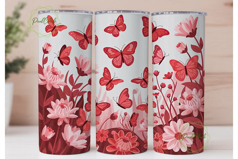 Red Butterfly Floral Tumbler Wrap Sublimation PixelChick 