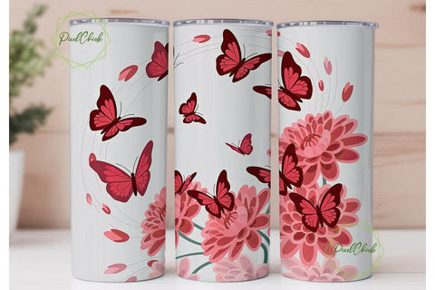 Red Butterfly Floral Tumbler Wrap Sublimation PixelChick 