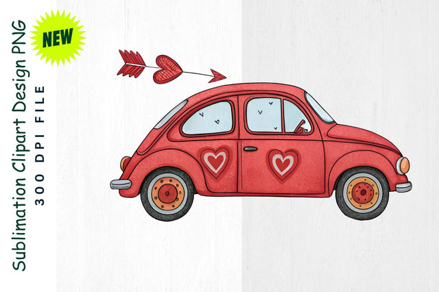 Red Car with Heart Wheels and Cupid's Arrow Sublimation Clipart Sublimation Regulrcrative 