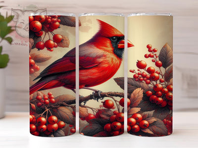Red Cardinal 20 oz Skinny Tumbler Sublimation Design, Straight & Tapered Tumbler Png, Red Cardinal Bird With Berries Tumbler Png, Digital Download PNG Sublimation Lara' s Designs 