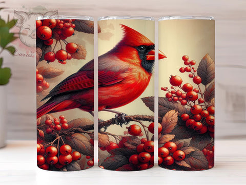 Red Cardinal 20 oz Skinny Tumbler Sublimation Design, Straight & Tapered Tumbler Png, Red Cardinal Bird With Berries Tumbler Png, Digital Download PNG Sublimation Lara' s Designs 