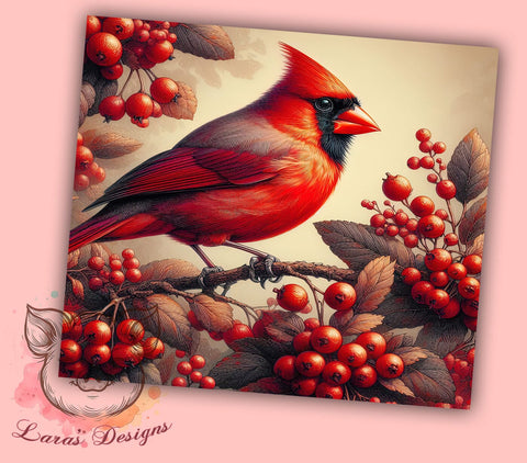 Red Cardinal 20 oz Skinny Tumbler Sublimation Design, Straight & Tapered Tumbler Png, Red Cardinal Bird With Berries Tumbler Png, Digital Download PNG Sublimation Lara' s Designs 