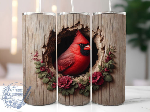 Red Cardinal 3D Bird Tumbler Wrap, 3D Bird Tumbler Wrap, Spiritual Messenger Design, Tree Bark Tumbler Wrap, Cardinal Sublimation Wrap, Hole In Wall Tumbler, 20oz Floral Tumbler Wrap Sublimation ToriDesigns 