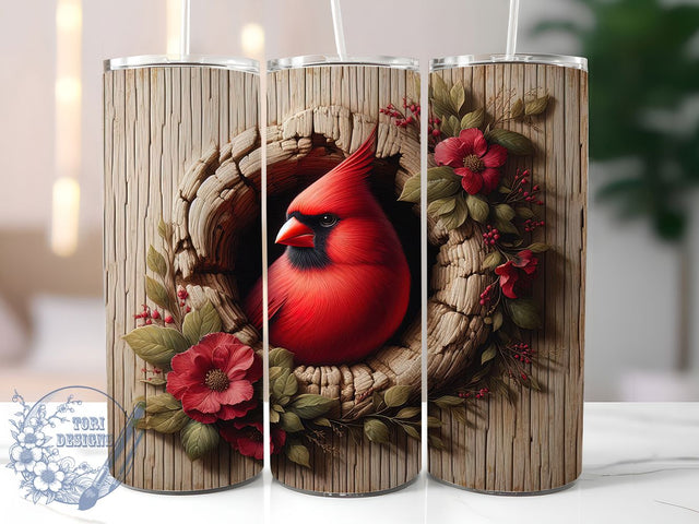 Red Cardinal 3D Bird Tumbler Wrap, 3D Bird Tumbler Wrap, Spiritual Messenger Design, Tree Bark Tumbler Wrap, Cardinal Sublimation Wrap, Hole In Wall Tumbler, 20oz Floral Tumbler Wrap Sublimation ToriDesigns 