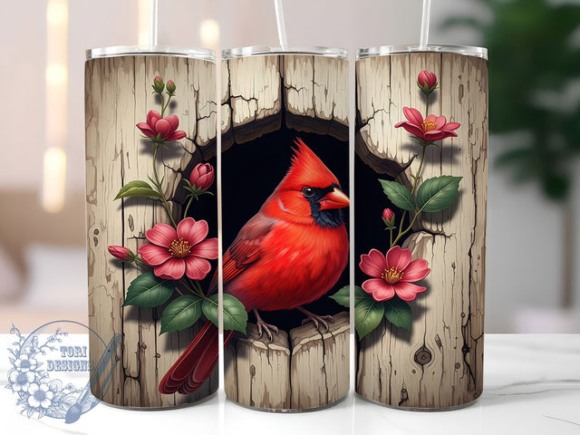 Red Cardinal 3D Bird Tumbler Wrap, 3D Bird Tumbler Wrap, Spiritual Messenger Design, Tree Bark Tumbler Wrap, Cardinal Sublimation Wrap, Hole In Wall Tumbler, 20oz Floral Tumbler Wrap Sublimation ToriDesigns 