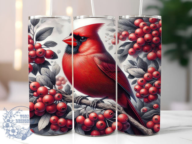 Red Cardinal Bird With Berries 20oz Skinny Tumbler PNG, Red Cardinal Tumbler Sublimation Wrap, Straight & Tapered Tumbler Wrap, Instant Digital Download Sublimation ToriDesigns 
