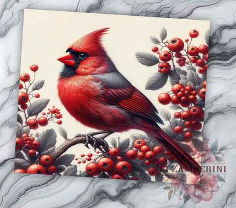 Red Cardinal Bird With Berries 20oz Tumbler Wrap PNG, Red Cardinal Tumbler PNG Sublimation Design, Straight & Tapered Tumbler Wrap, Instant Digital Download Sublimation Li Zamperini 