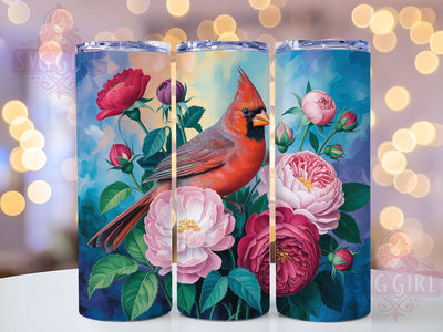 Red Cardinal Floral Tumbler, Bird Art, Floral Design, Nature Theme, Elegant Style, 20Oz Tumbler, Sublimation Wrap Sublimation SvggirlplusArt 