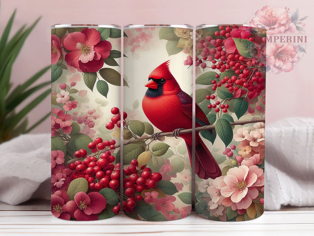 Red Cardinal Winter Tumbler, Winter Berries, Nature Theme, Elegant Design, Vibrant Pattern, 20Oz Tumbler, Sublimation Wrap Sublimation Li Zamperini 
