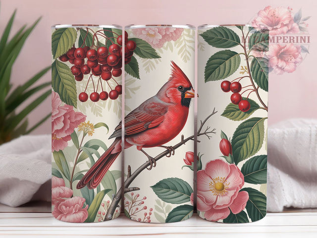 Red Cardinal Winter Tumbler, Winter Berries, Nature Theme, Elegant Design, Vibrant Pattern, 20Oz Tumbler, Sublimation Wrap Sublimation Li Zamperini 