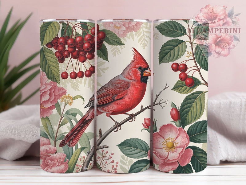 Red Cardinal Winter Tumbler, Winter Berries, Nature Theme, Elegant Design, Vibrant Pattern, 20Oz Tumbler, Sublimation Wrap Sublimation Li Zamperini 