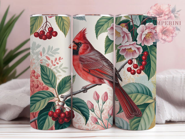 Red Cardinal Winter Tumbler, Winter Berries, Nature Theme, Elegant Design, Vibrant Pattern, 20Oz Tumbler, Sublimation Wrap Sublimation Li Zamperini 