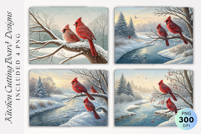 Red Cardinals Branch Over a Frozen Stream Cutting Board Sublimation Regulrcrative 