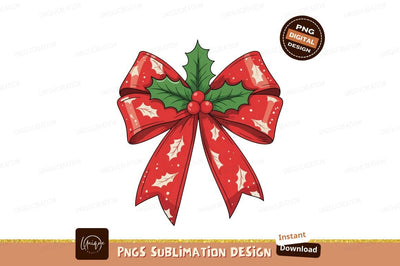 Red Christmas Bow Holly Berries Festive Decoration Sublimation Designangry 