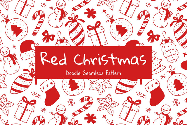 Red Christmas Doodle Seamless Pattern Digital Pattern Rin Green 
