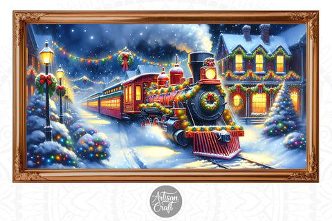 Red Christmas Train frame TV vintage art, Christmas background Digital Pattern Artisan Craft SVG 