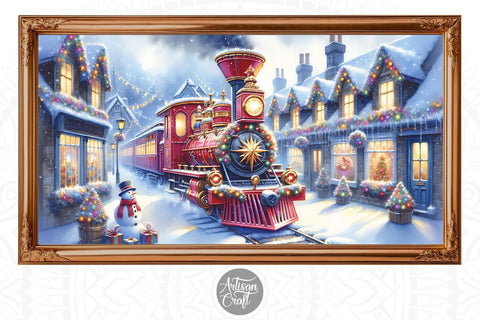 Red Christmas Train frame TV vintage art, Christmas background Digital Pattern Artisan Craft SVG 