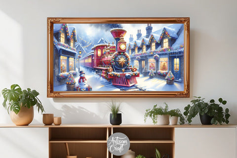 Red Christmas Train frame TV vintage art, Christmas background Digital Pattern Artisan Craft SVG 