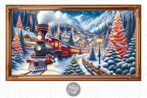 Red Christmas Train frame TV vintage art, Christmas background Digital Pattern Artisan Craft SVG 